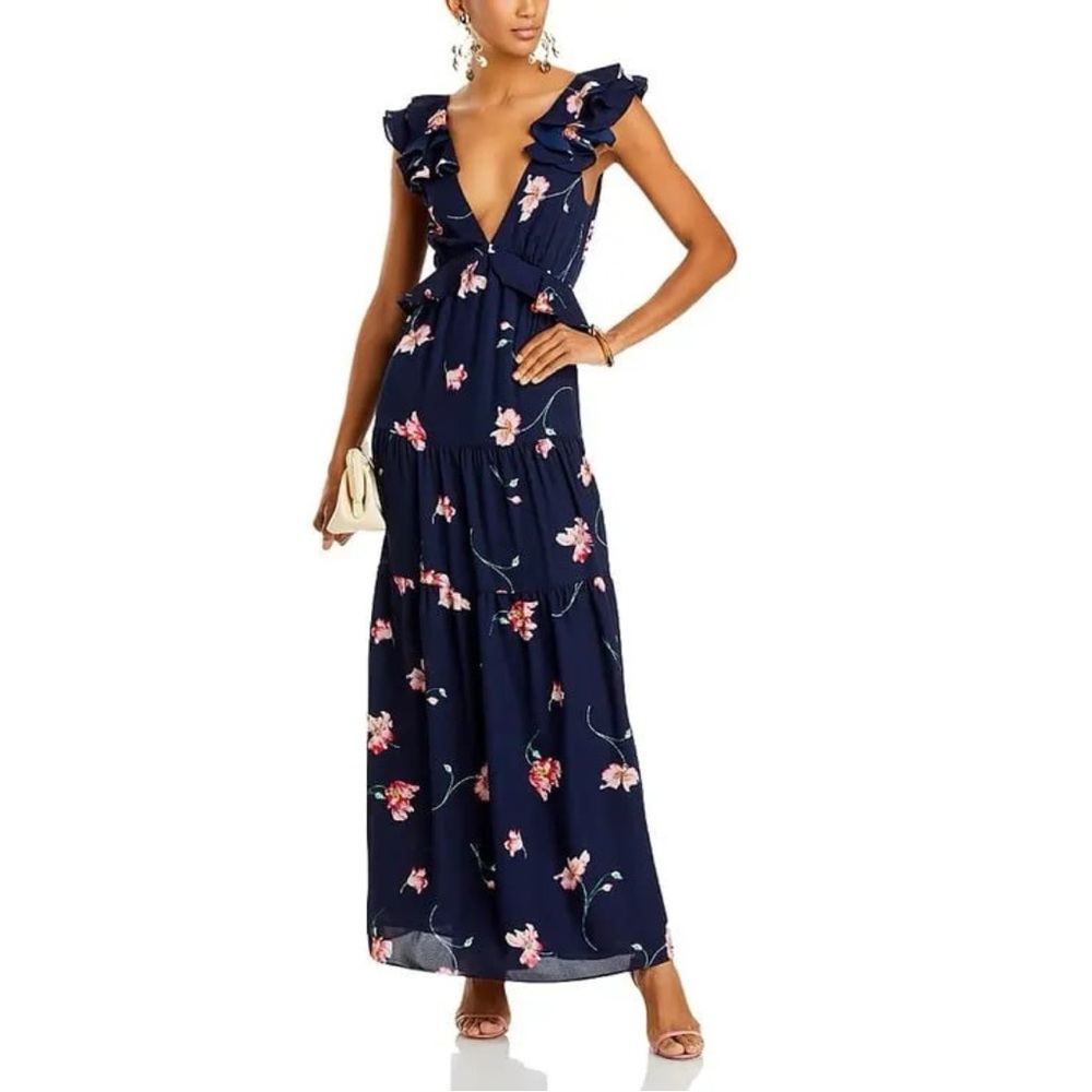 Aqua Ruffled Floral Navy Maxi Dress